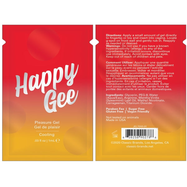 Happy Gee Cooling Pleasure Gel foil pack with English and French text.