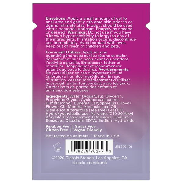 Anal desensitizing gel foil packet with directions and ingredients.