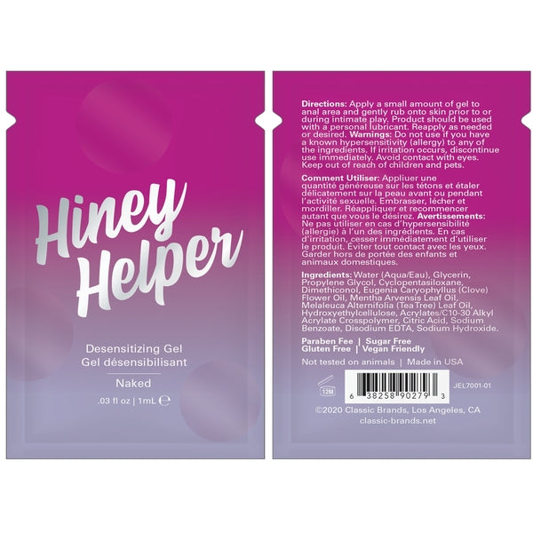 Hiney Helper desensitizing gel in a foil packet with English and French text.