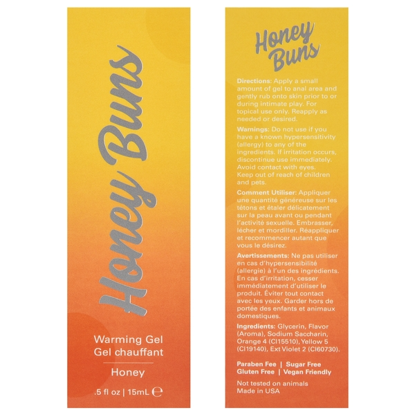 Honey Buns warming gel with honey flavor in a gradient orange and yellow bottle.
