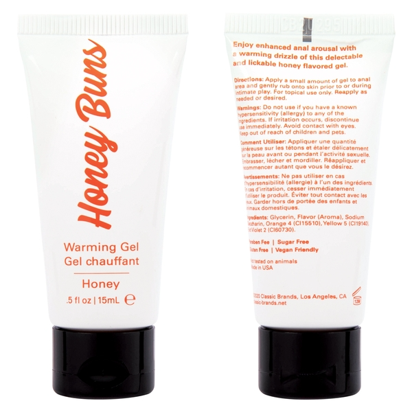 Honey Buns warming gel in a white tube with orange lettering.