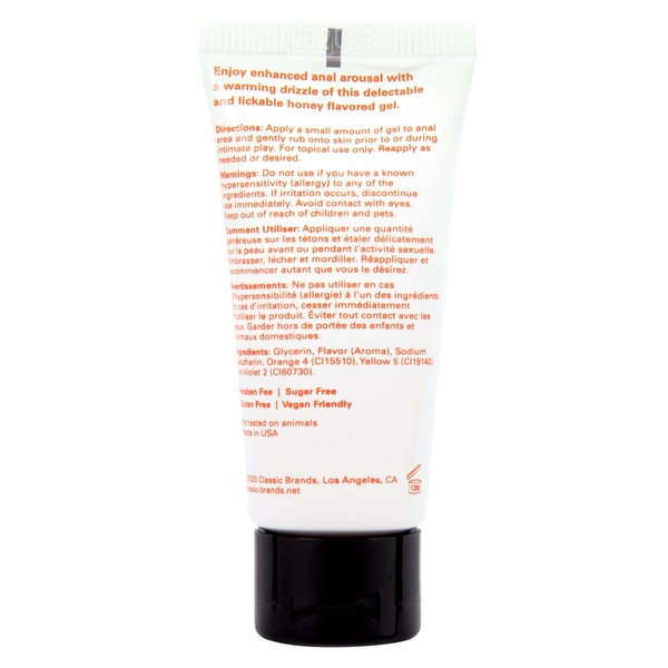 A tube of Honey Buns Warming Anal Arousal Gel with instructions and ingredients.