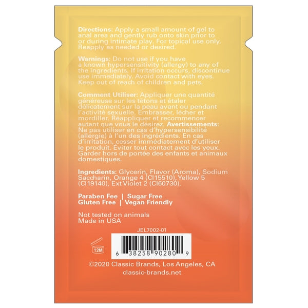A honey-flavored warming anal arousal gel packet with directions and ingredients.