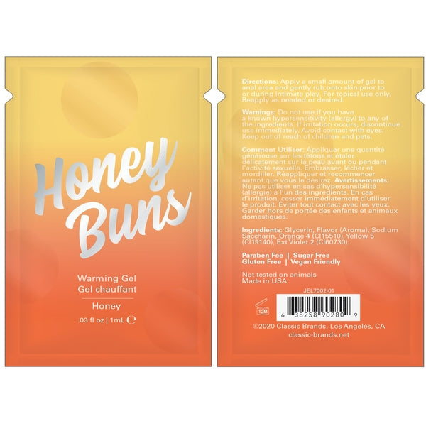 Honey Buns warming gel in honey flavor, 1ml packet.