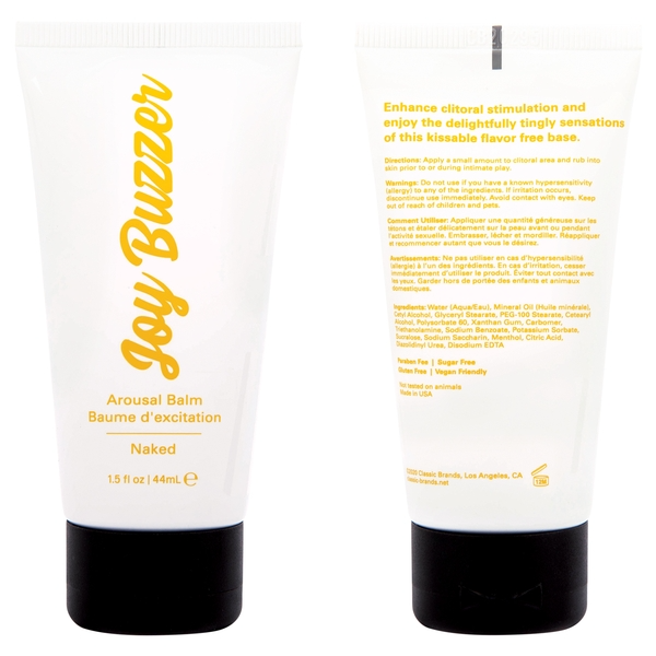 A white tube of Jelique Joy Buzzer Arousal Balm in Naked flavor.