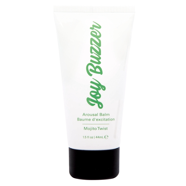 A white tube of Joy Buzzer Arousal Balm in Mojito Twist flavor.