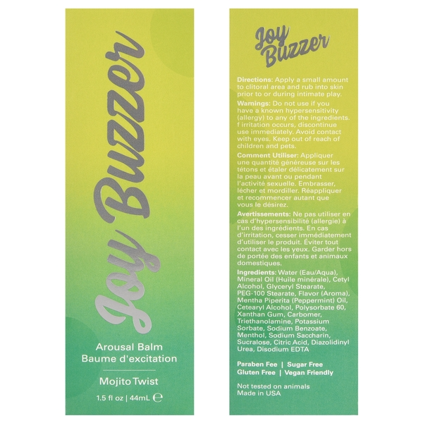 Joy Buzzer Mojito Twist arousal balm in a green and yellow gradient bottle.