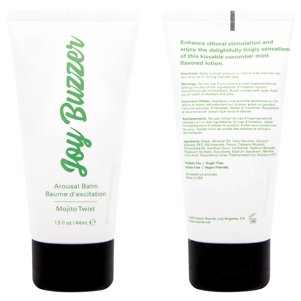 Joy Buzzer Mojito Twist Arousal Balm in a white tube with a black cap.