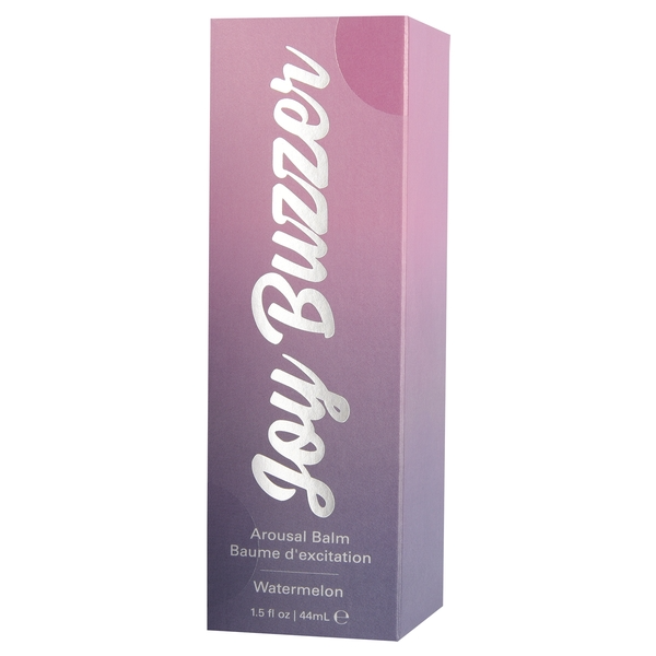 A pink and purple box with "Joy Buzzer" in silver script, for arousal balm.