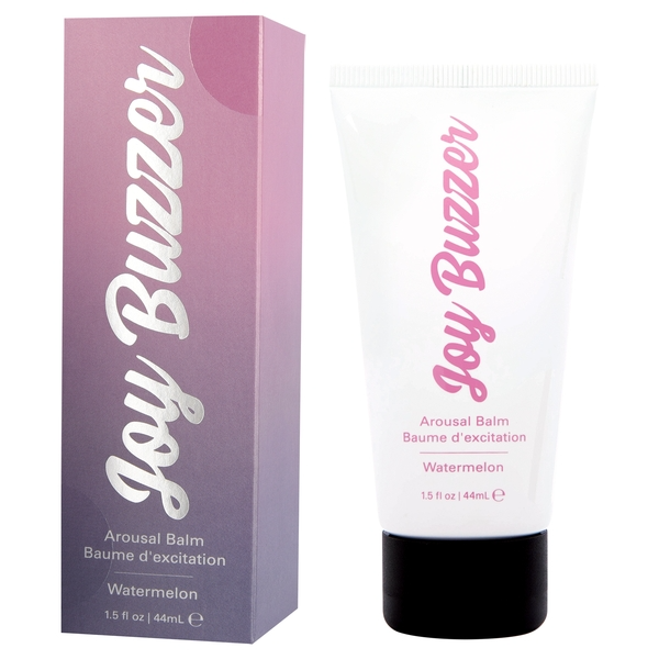 Joy Buzzer arousal balm in watermelon flavor, shown with its box.