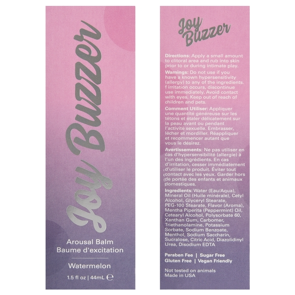 Joy Buzzer watermelon arousal balm with ingredient and usage information.