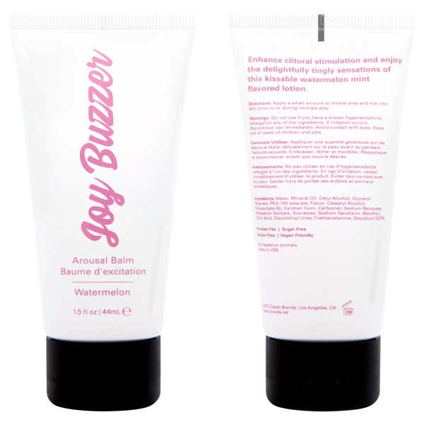 A white tube of Joy Buzzer arousal balm in watermelon flavor.