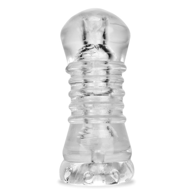 Clear textured suction stroker with ribbed interior and dumbbell-shaped grip.