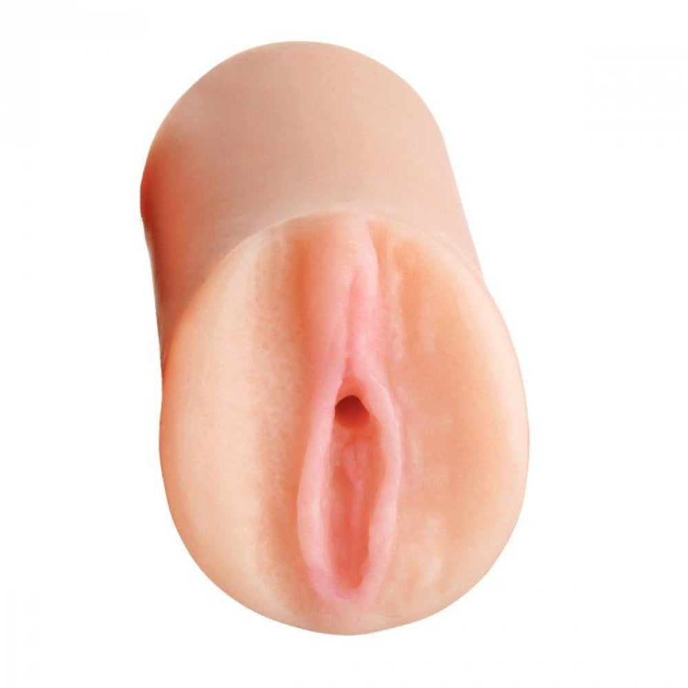 Realistic flesh-colored TPR vulva stroker with textured interior, 4 inches long.