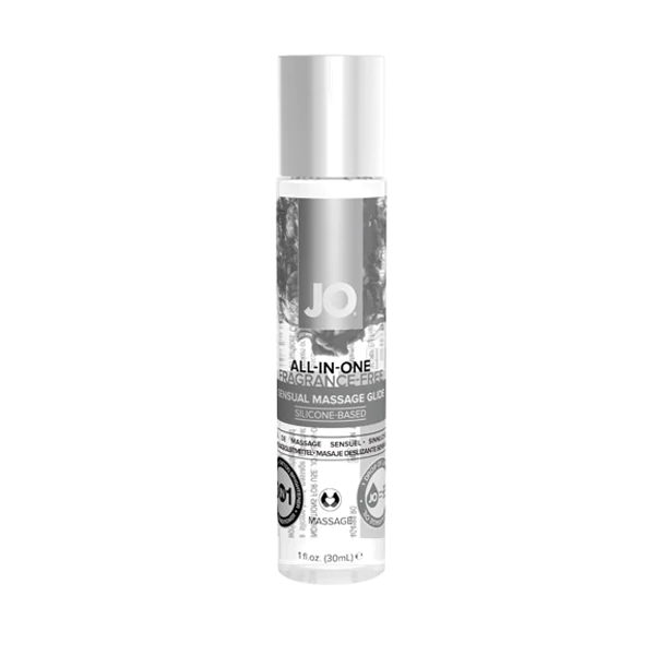 JO All-In-One Fragrance-Free Silicone-Based Sensual Massage Glide in a clear bottle with a silver cap.
