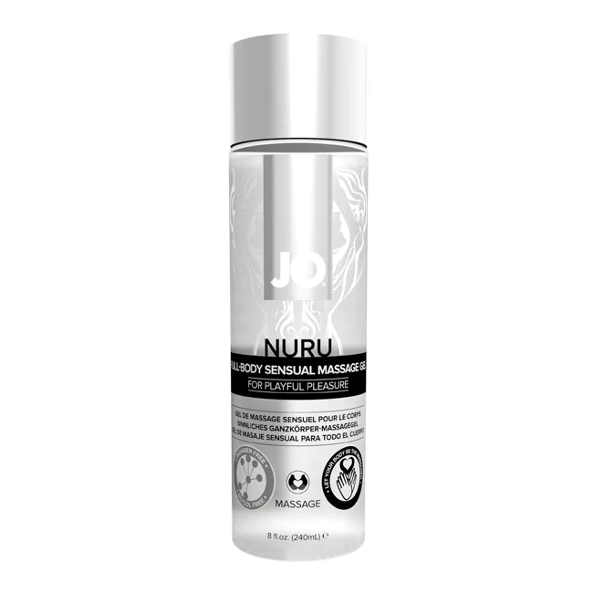 JO Nuru Sensual Massage Gel in a clear bottle with a white cap.