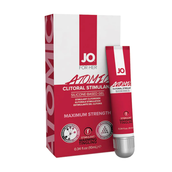 JO Atomic Clitoral Stimulant Gel in a tube and box, with warming and tingling sensations.