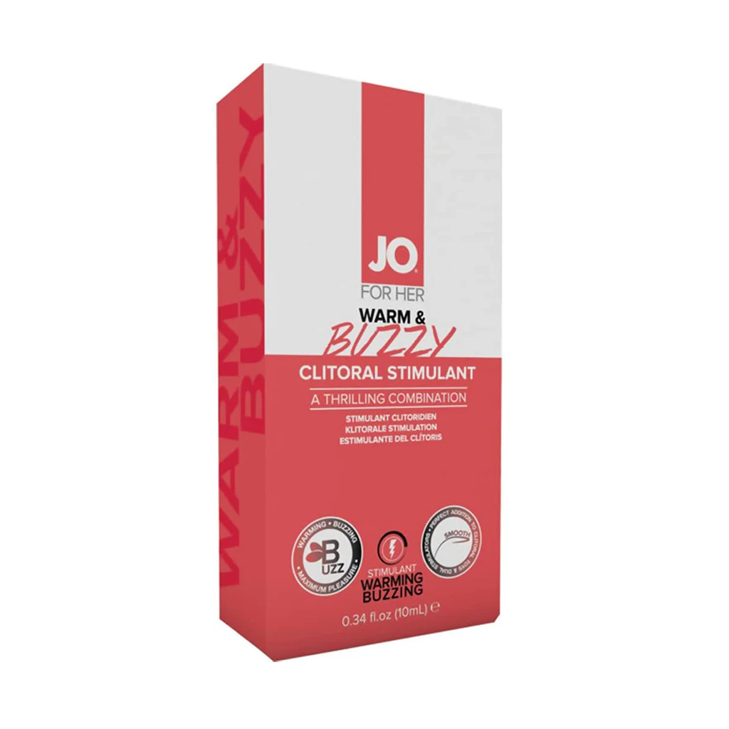 JO Warm & Buzzy Clitoral Stimulant cream box with dual sensation and warming buzz.