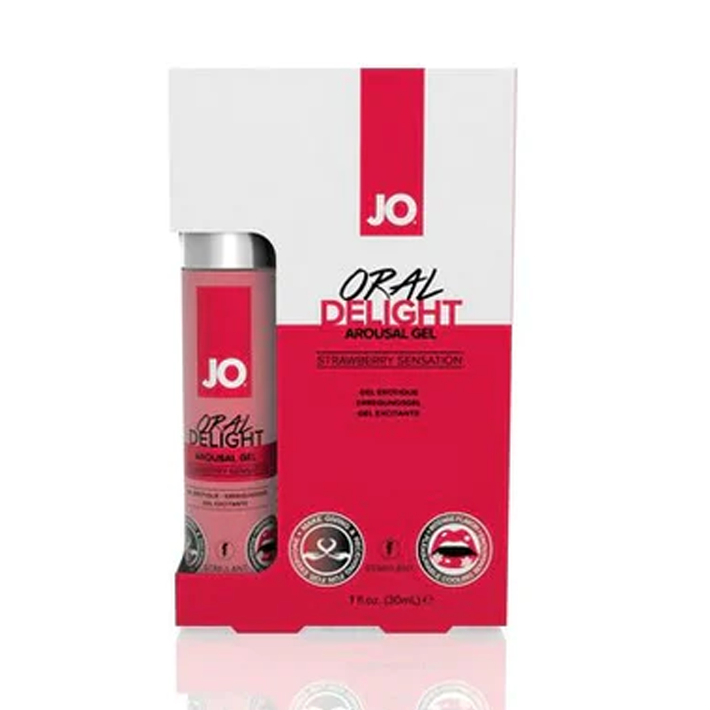 JO Oral Delight Strawberry Arousal Gel in a pink bottle and box.