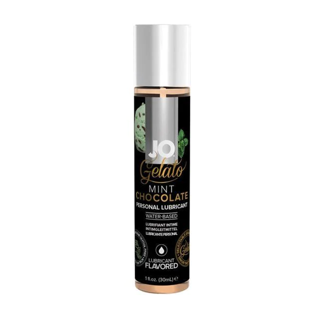 A bottle of JO Gelato Mint Chocolate flavored water-based personal lubricant.