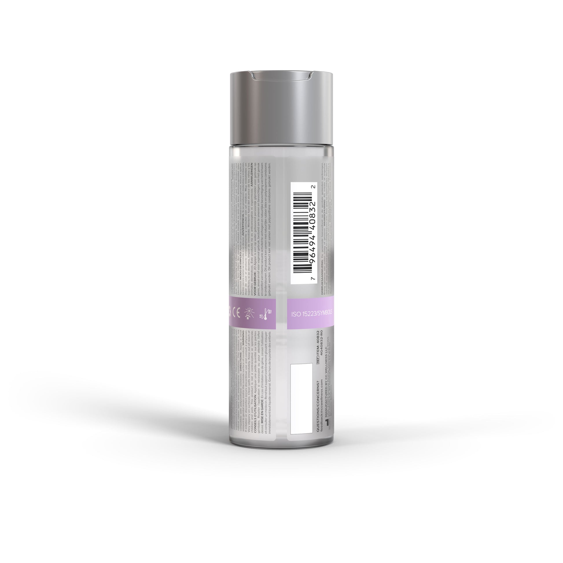 A bottle of Agape Original Water-Based Lubricant with product information and a barcode.