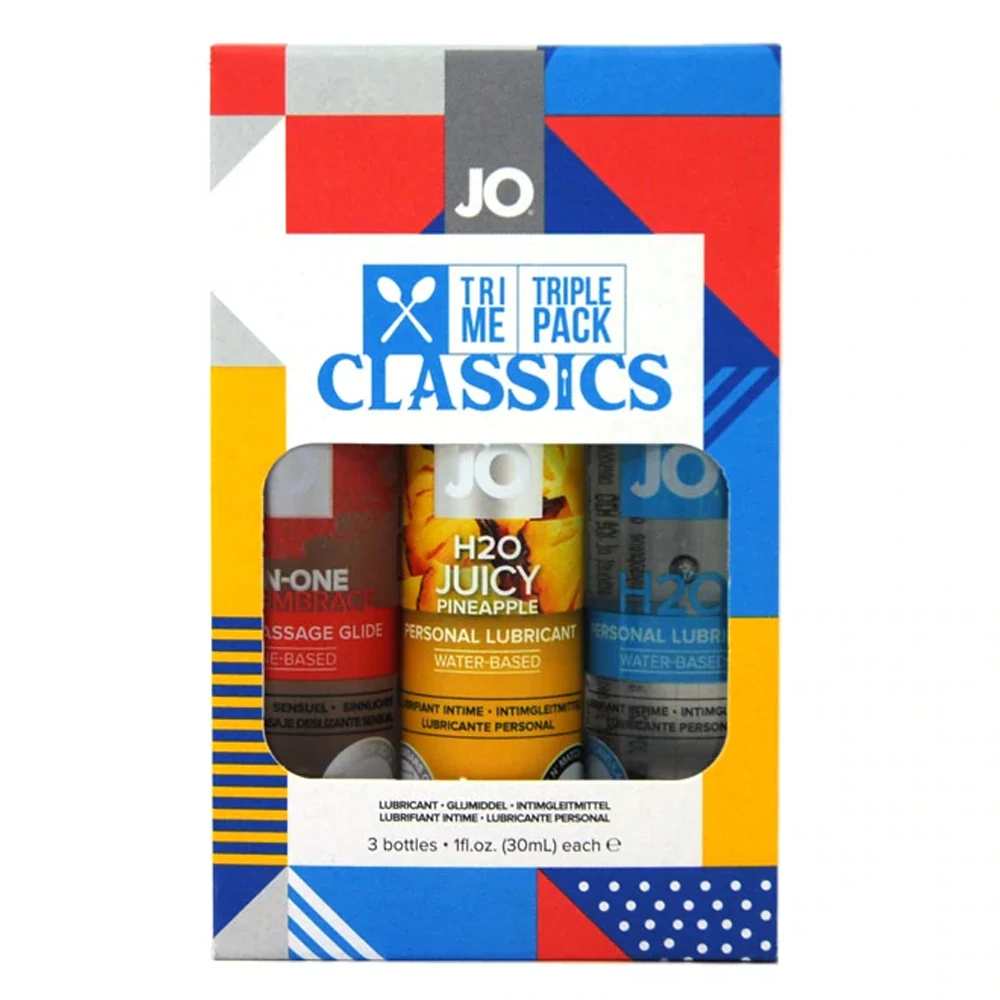 JO Lubricants Classic Lubricant and Massage Glide Triple Pack with three 1oz bottles.