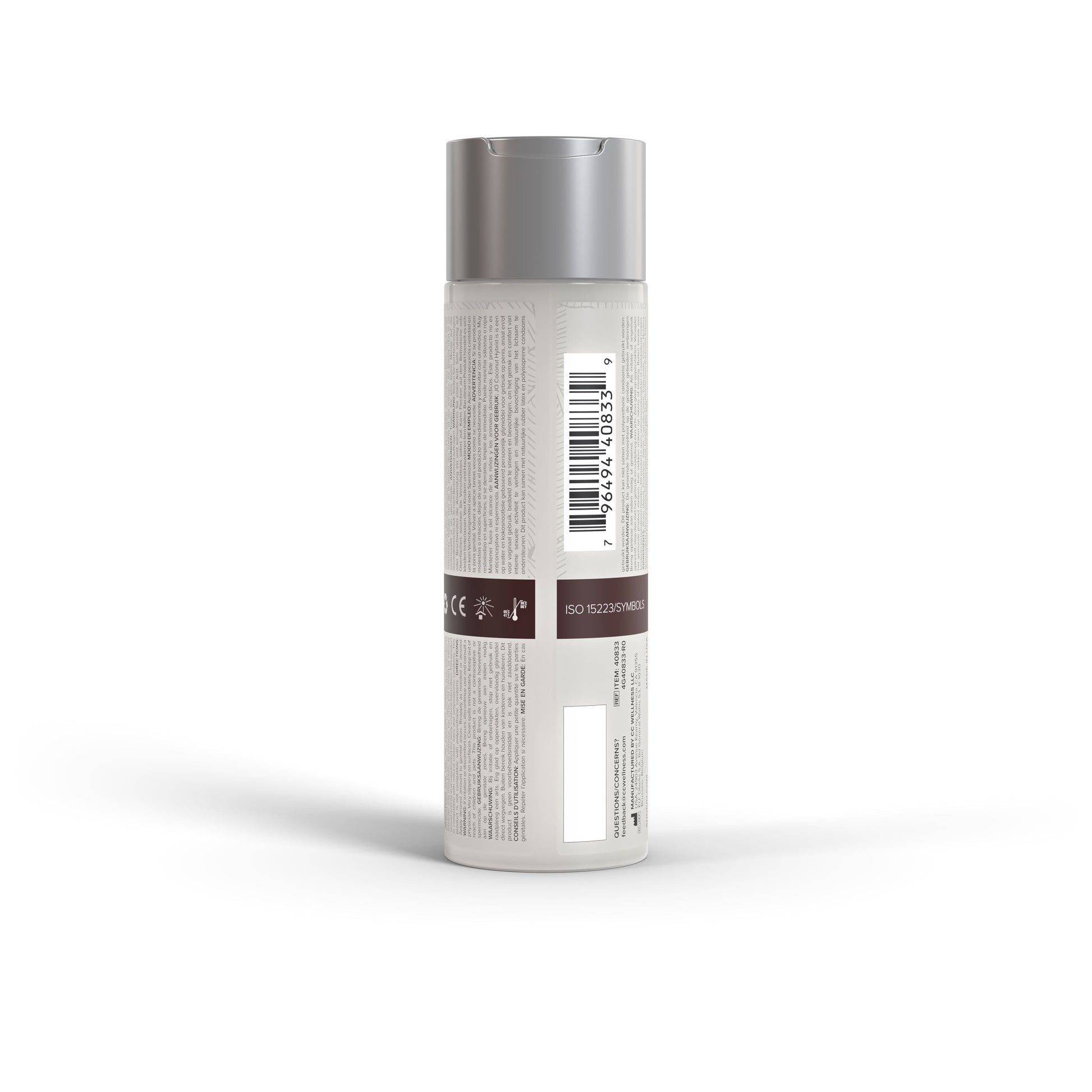 A bottle of Coconut Hybrid Lubricant with product information and a barcode.