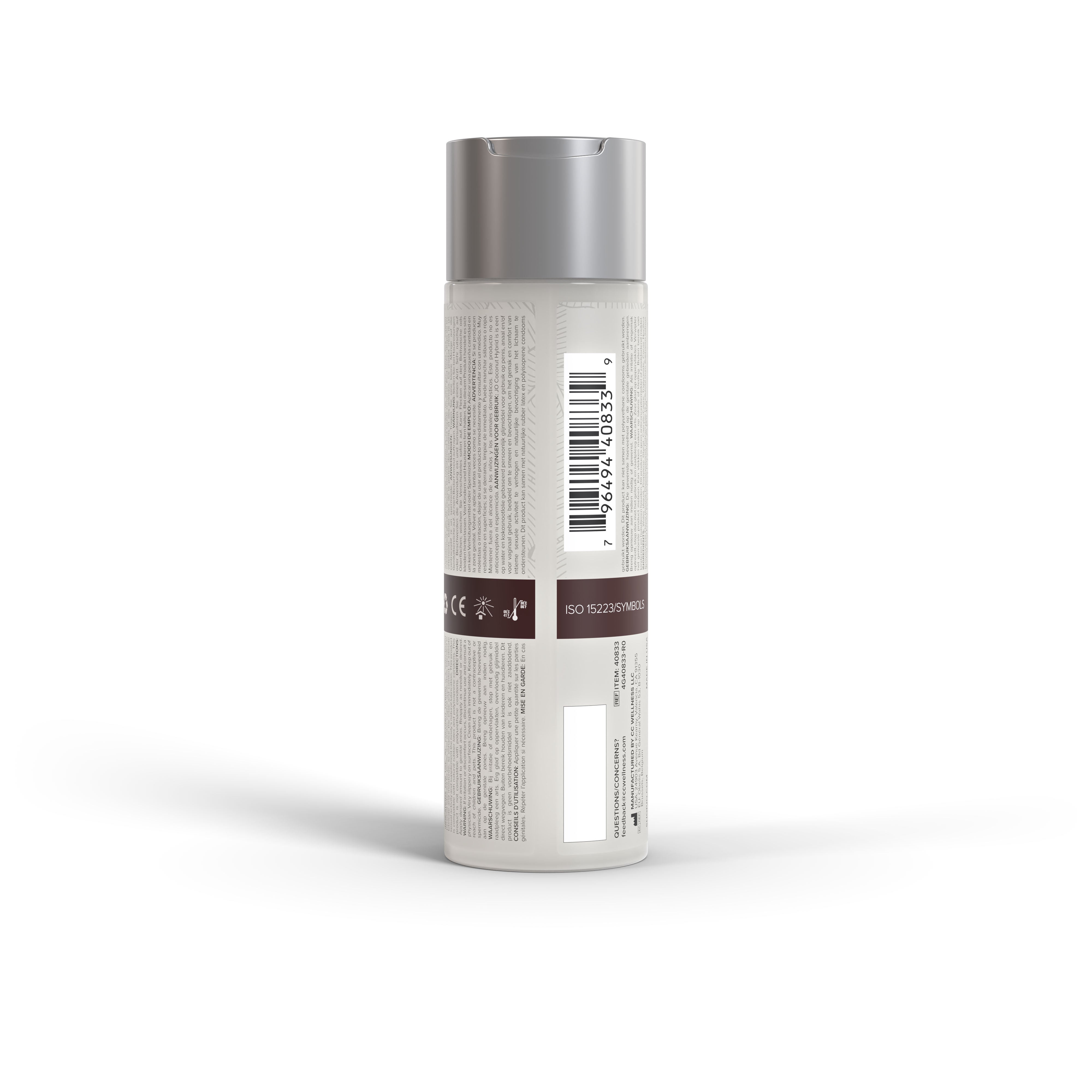 A bottle of Coconut Hybrid Lubricant with product information and a barcode.