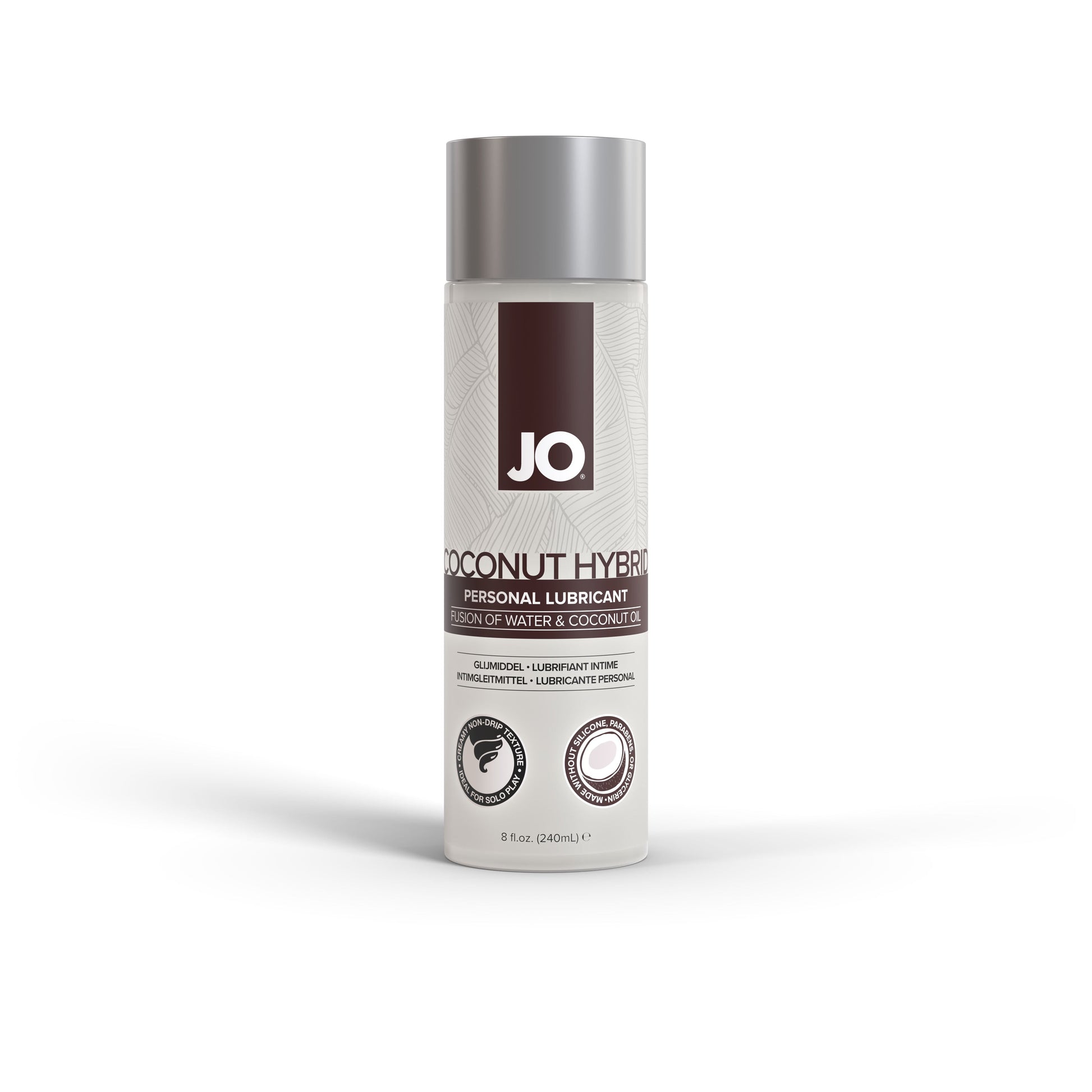 A bottle of JO Coconut Hybrid Personal Lubricant with a silver cap.