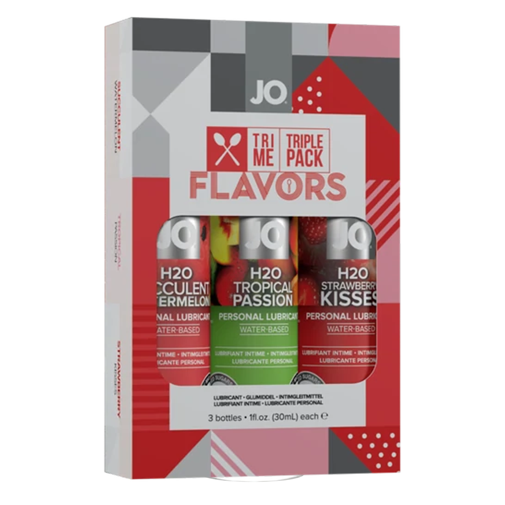 JO Flavored Lubricant Sampler Pack with three 1oz bottles.