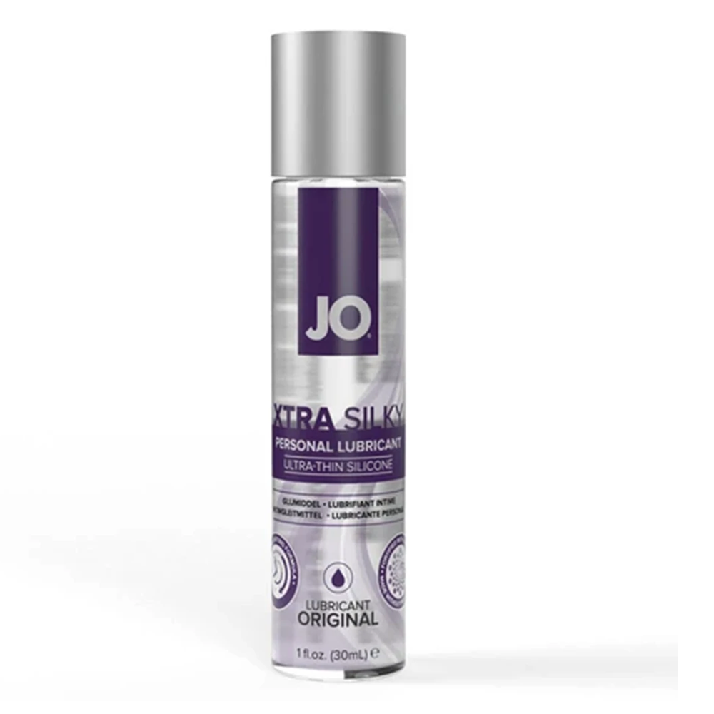 JO XTRA SILKY personal lubricant in a clear bottle with a silver cap.