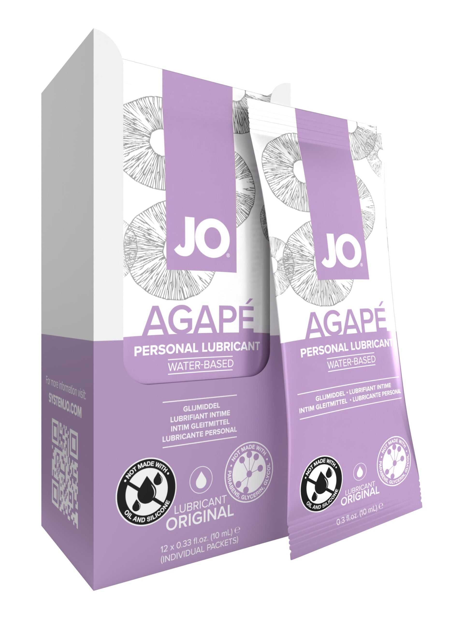 Agape water-based lubricant display box with 12 individual foil packets.