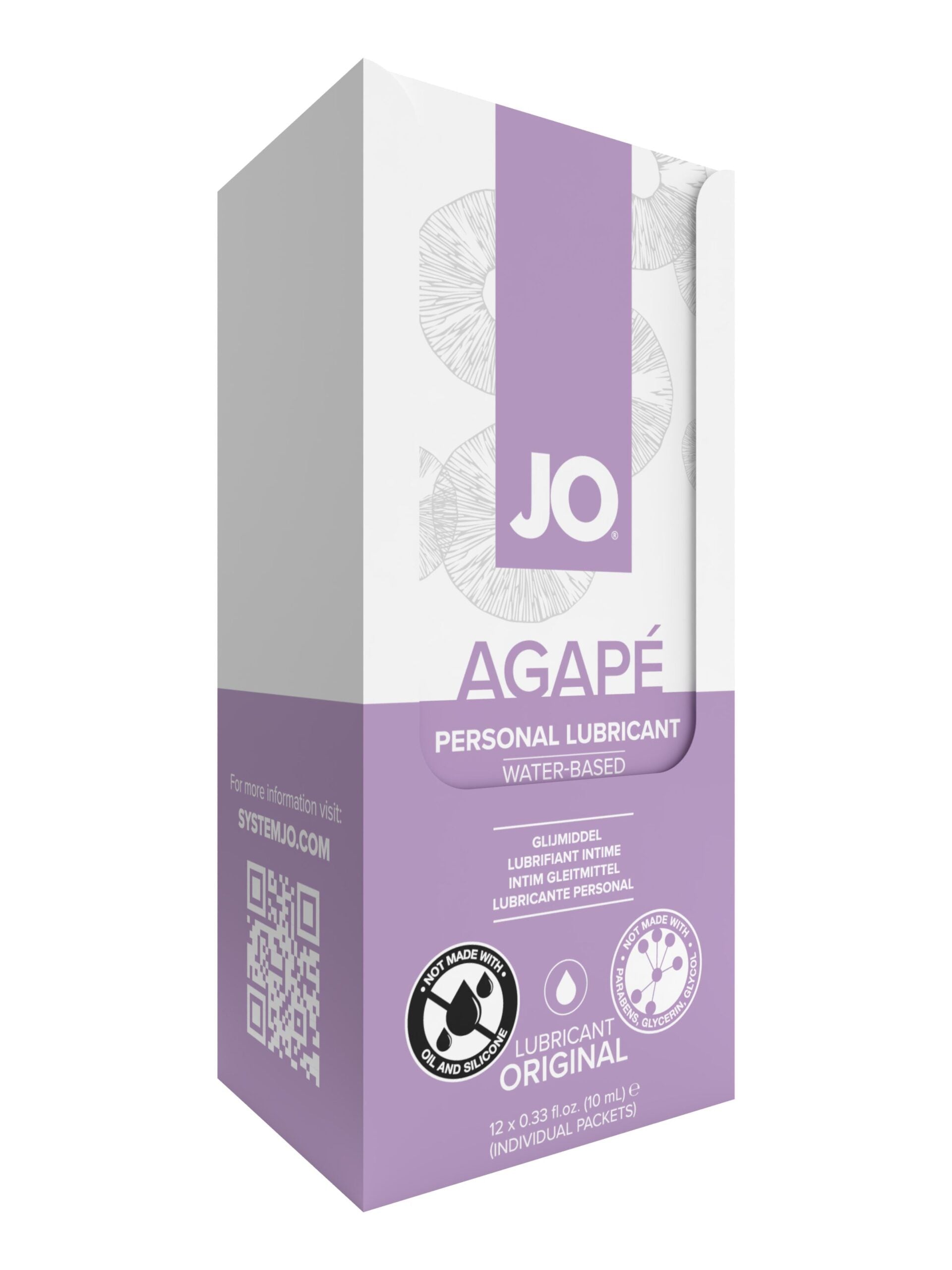 JO Agape water-based personal lubricant display box with 12 individual packets.