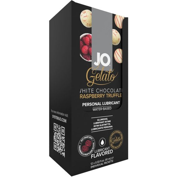 JO Gelato White Chocolate Raspberry Truffle water-based lubricant 12-pack.