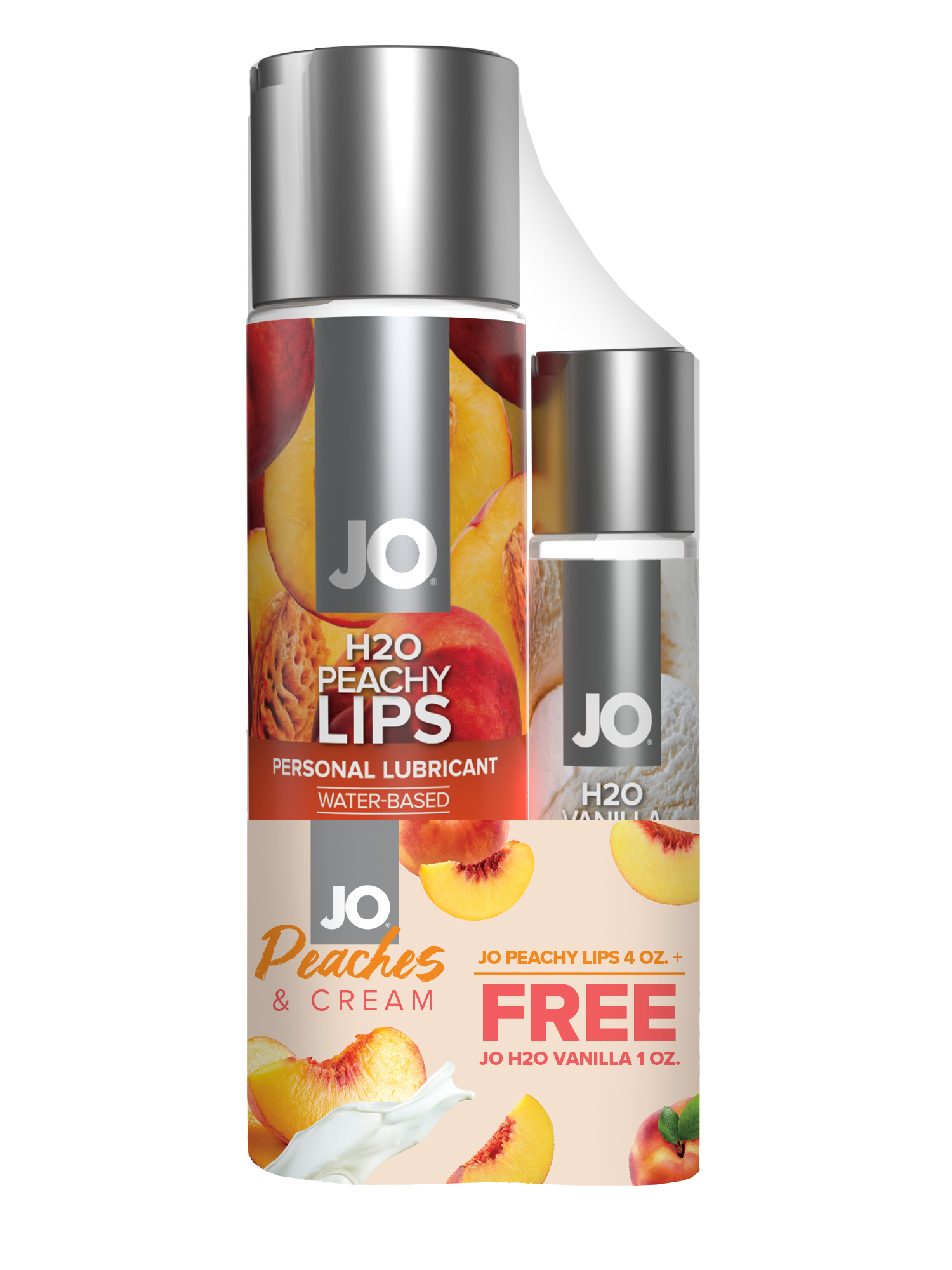 JO Peaches & Cream water-based lubricant with a smaller JO H2O Vanilla bottle.