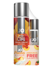JO Peaches & Cream water-based lubricant with a smaller JO H2O Vanilla bottle.