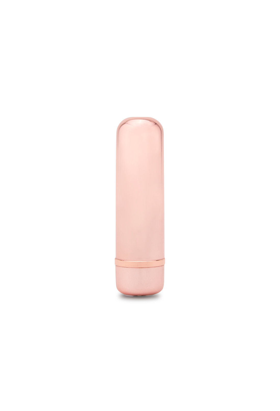 Rose gold bullet massager with a rounded top and a metallic band near the base.