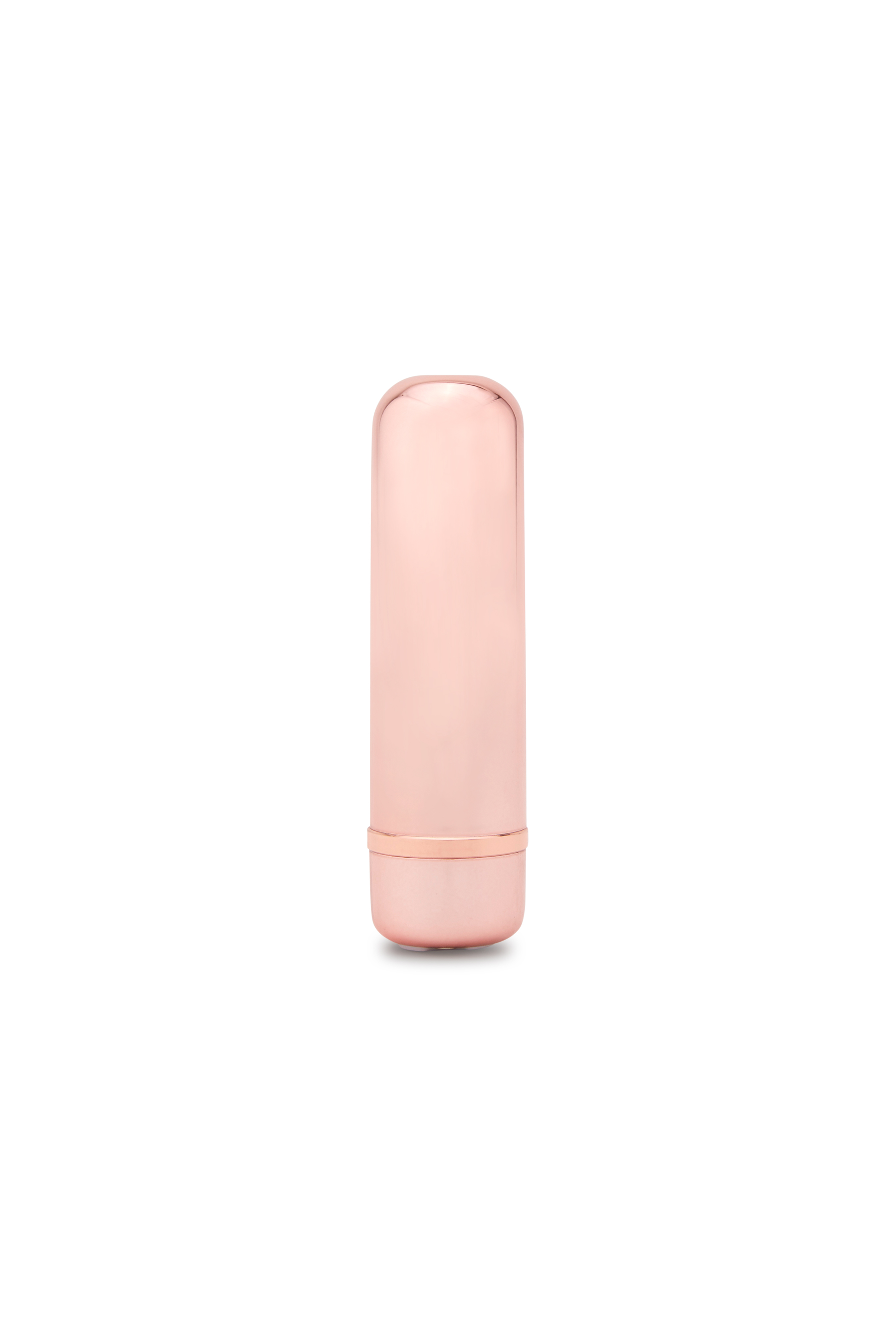 Rose gold bullet massager with a rounded top and a metallic band near the base.