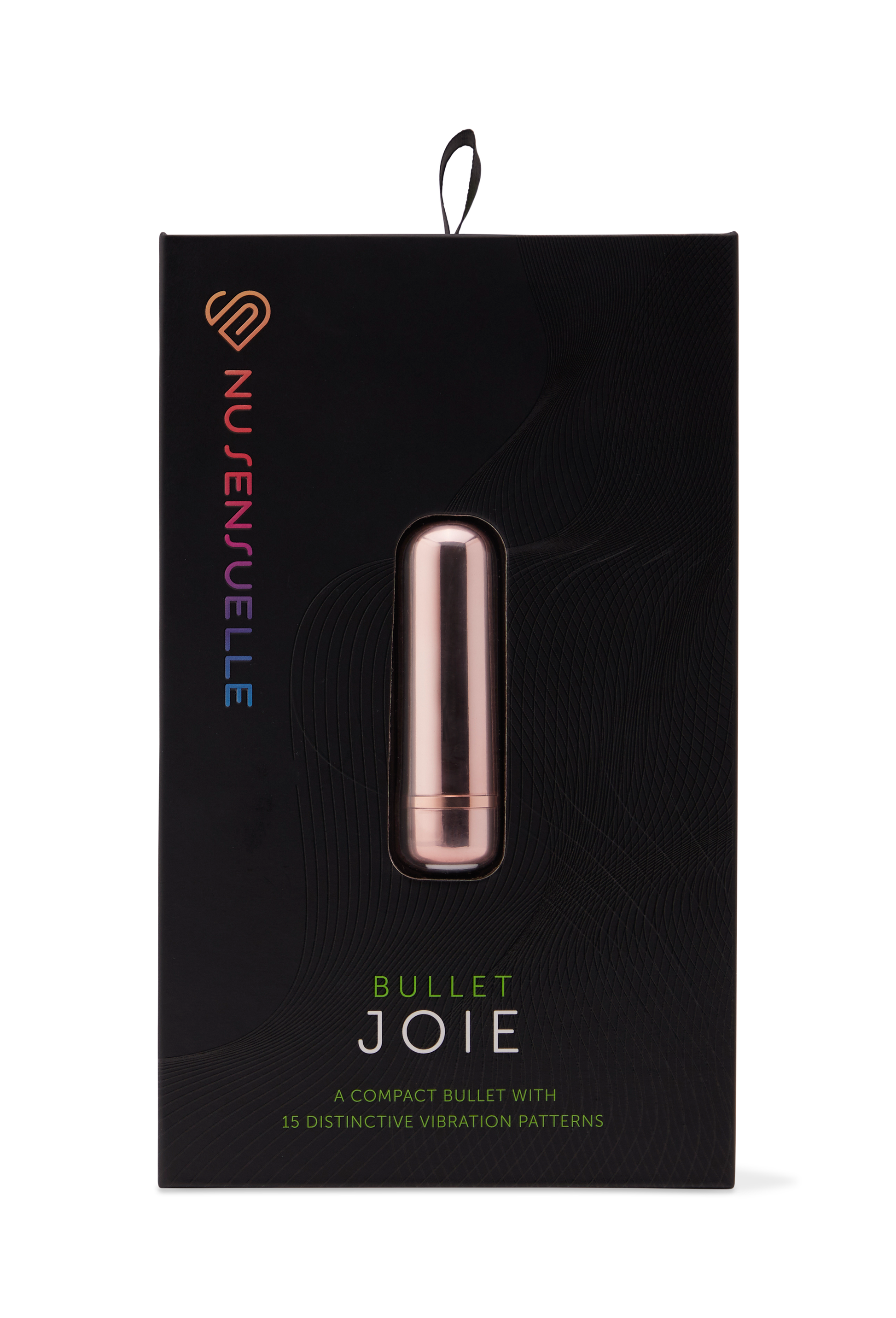Rose gold bullet massager in its black packaging with brand and product name.