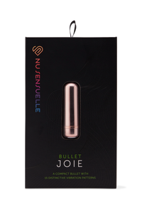 Rose gold bullet massager in its black packaging with brand and product name.