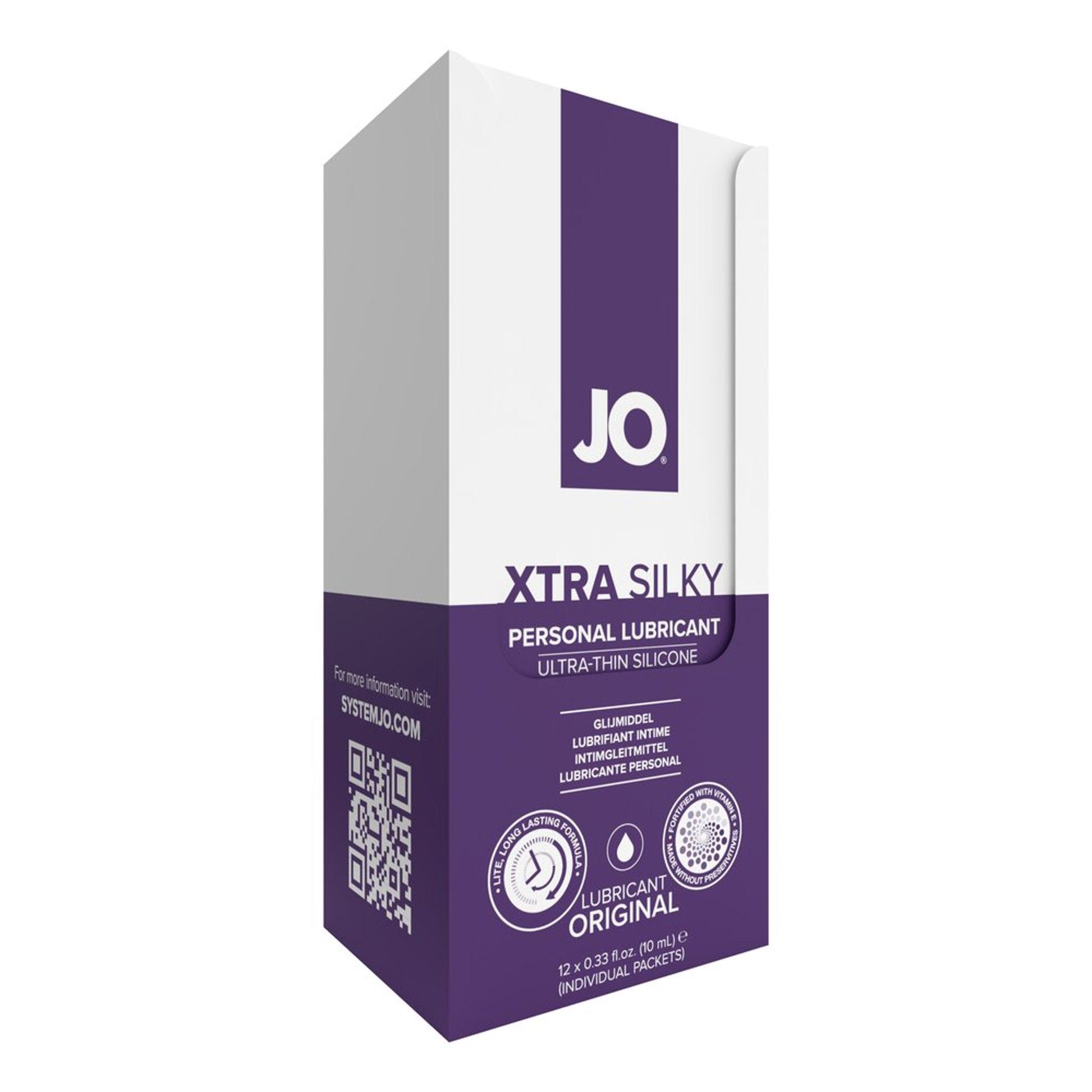 JO XTRA SILKY personal lubricant in 12 foil packs.