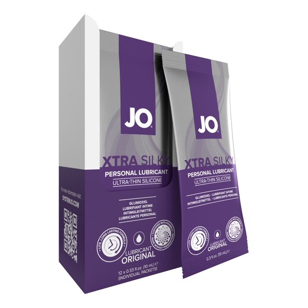 JO XTRA SILKY personal lubricant in 12 individual foil packets.