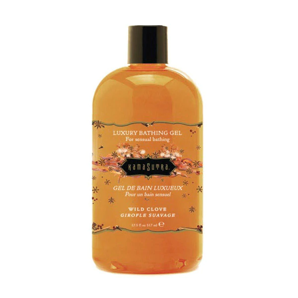 Kama Sutra Wild Clove Luxury Bathing Gel in an orange bottle.