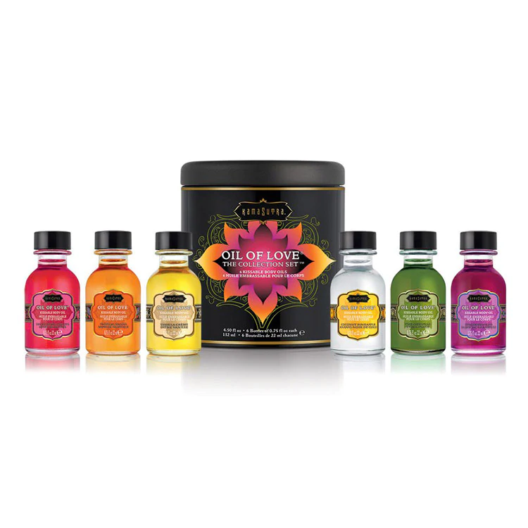 Kama Sutra Oil of Love collection set with six flavored body oils in a tin.