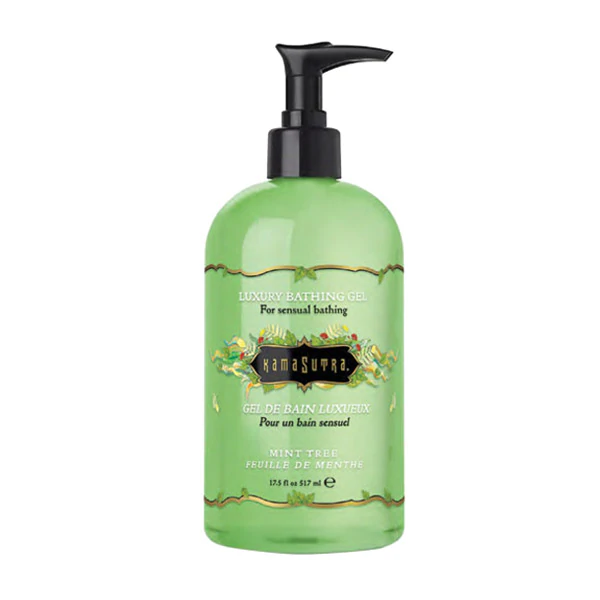 A green bottle of Kama Sutra Mint Tree Luxury Bathing Gel with a black pump dispenser.