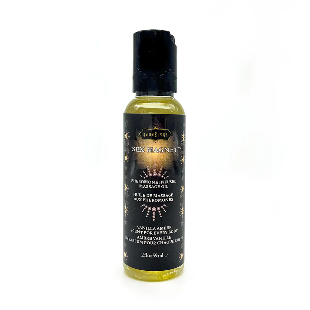 Kama Sutra Vanilla Amber Pheromone Massage Oil in a 2 fl oz bottle.