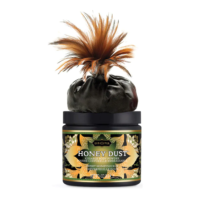 Kama Sutra Sweet Honeysuckle Honey Dust body powder with feather applicator.