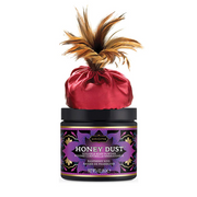 Kama Sutra Honey Dust Raspberry Kiss body powder with a feather applicator.