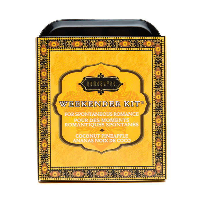 Kama Sutra Weekender Kit in a decorative yellow tin with "Coconut Pineapple" scent.