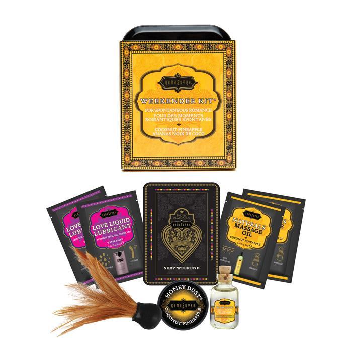 Kama Sutra Weekender Travel Romance Kit with lube, massage oil, and feather tickler.